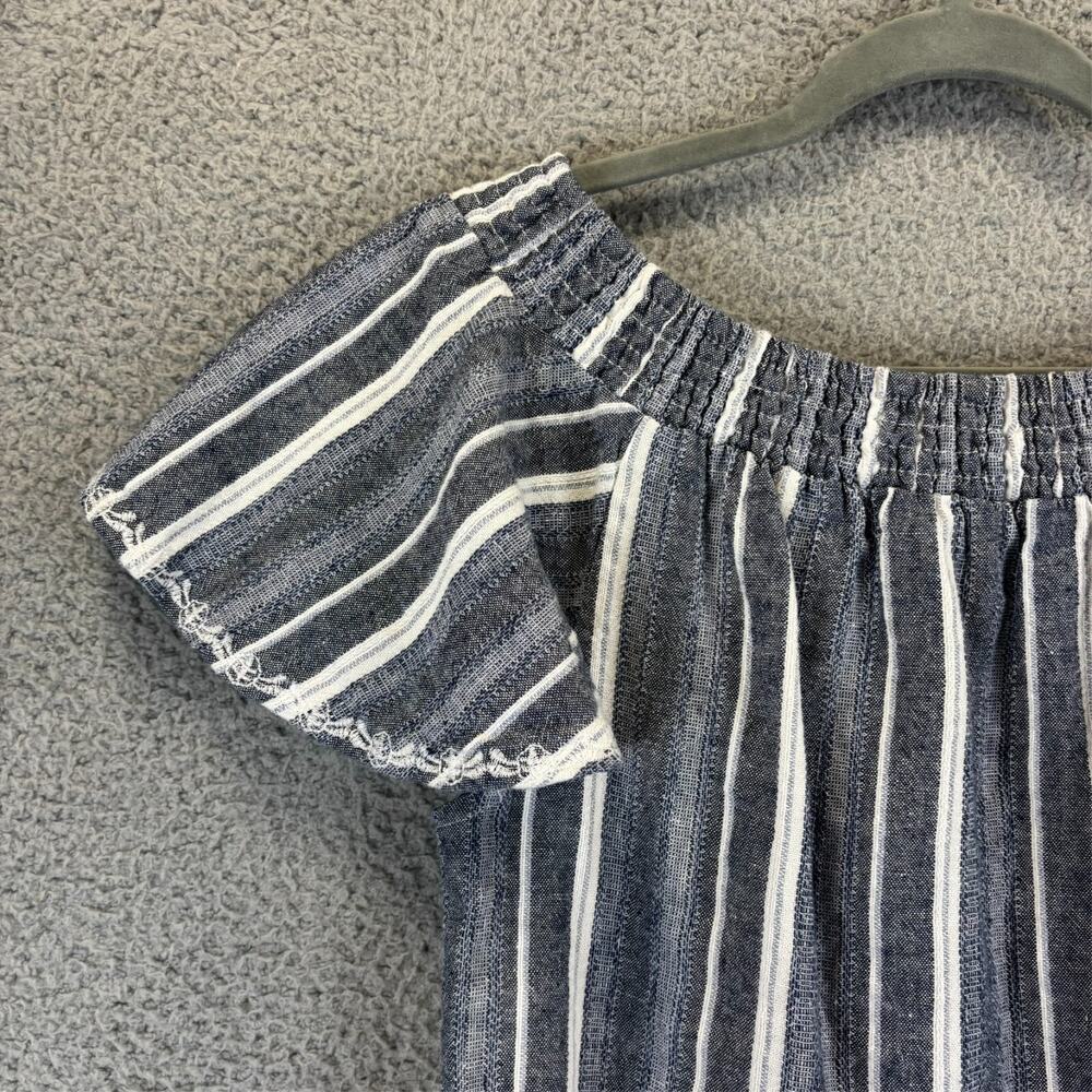 Embroidered Linen Dress Small Boho Beach Coastal Striped Pockets Off Shoulder - Picture 2 of 10